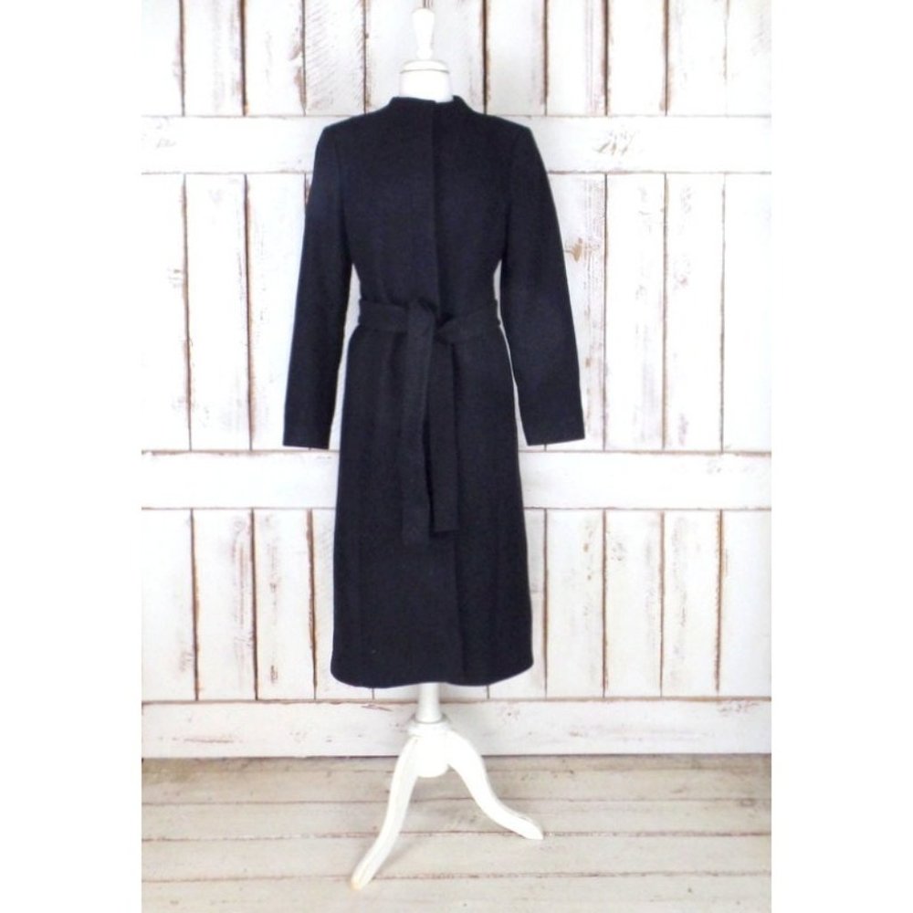 90s vintage charcoal grey/black long wool winter coat/belted wool overcoat